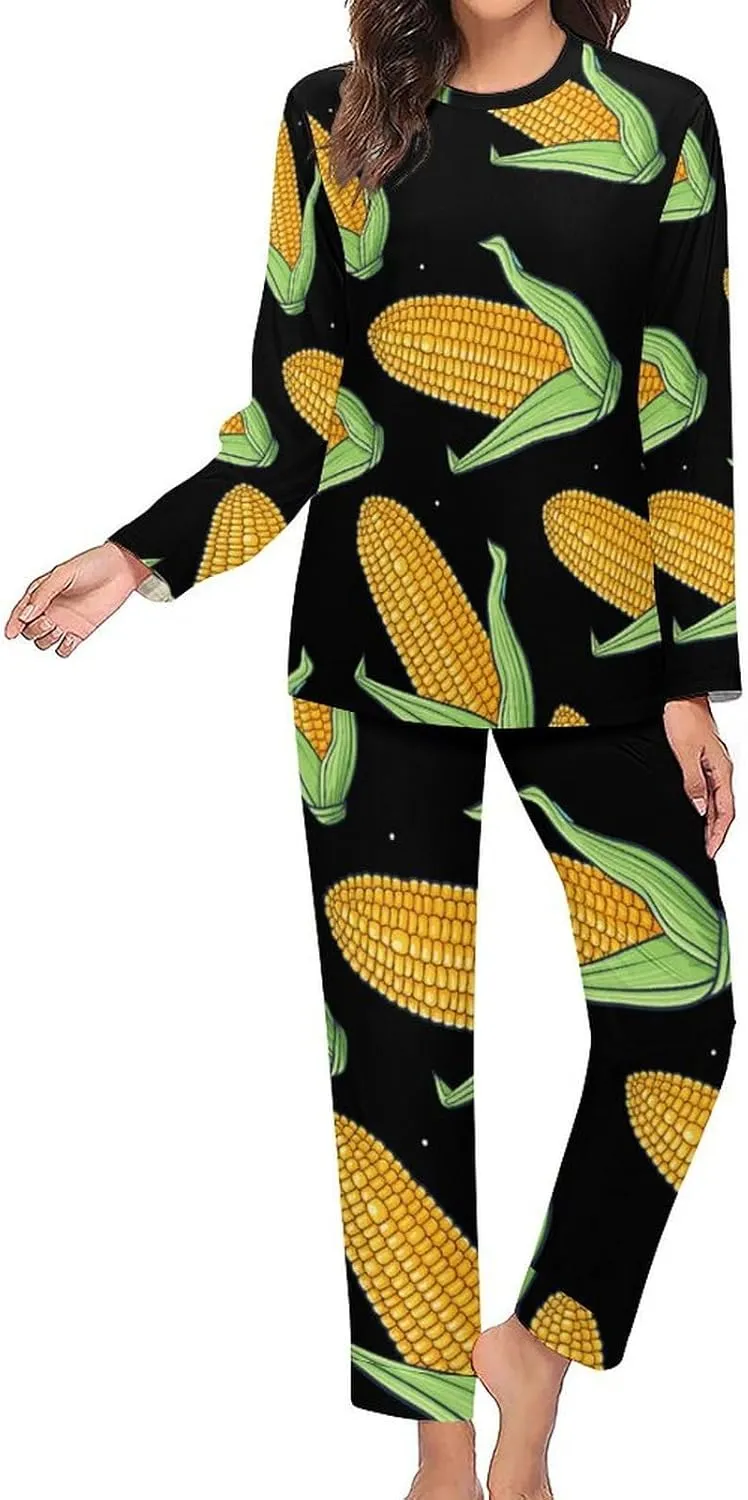 Food Corn Women's Pajama Set Long Sleeve Pj Sets Casual Two Piece Loungewear Soft Sleepwear