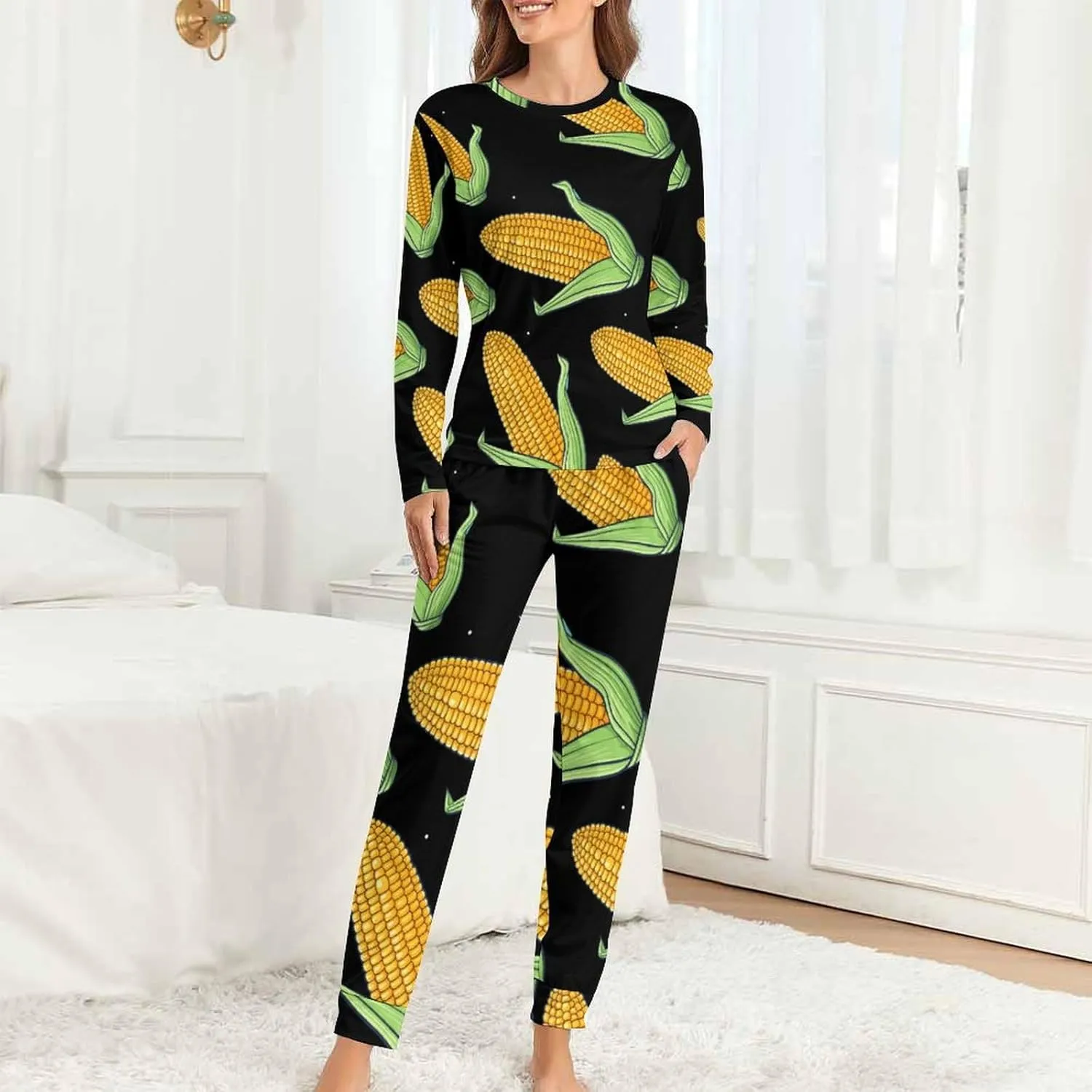 Food Corn Women's Pajama Set Long Sleeve Pj Sets Casual Two Piece Loungewear Soft Sleepwear