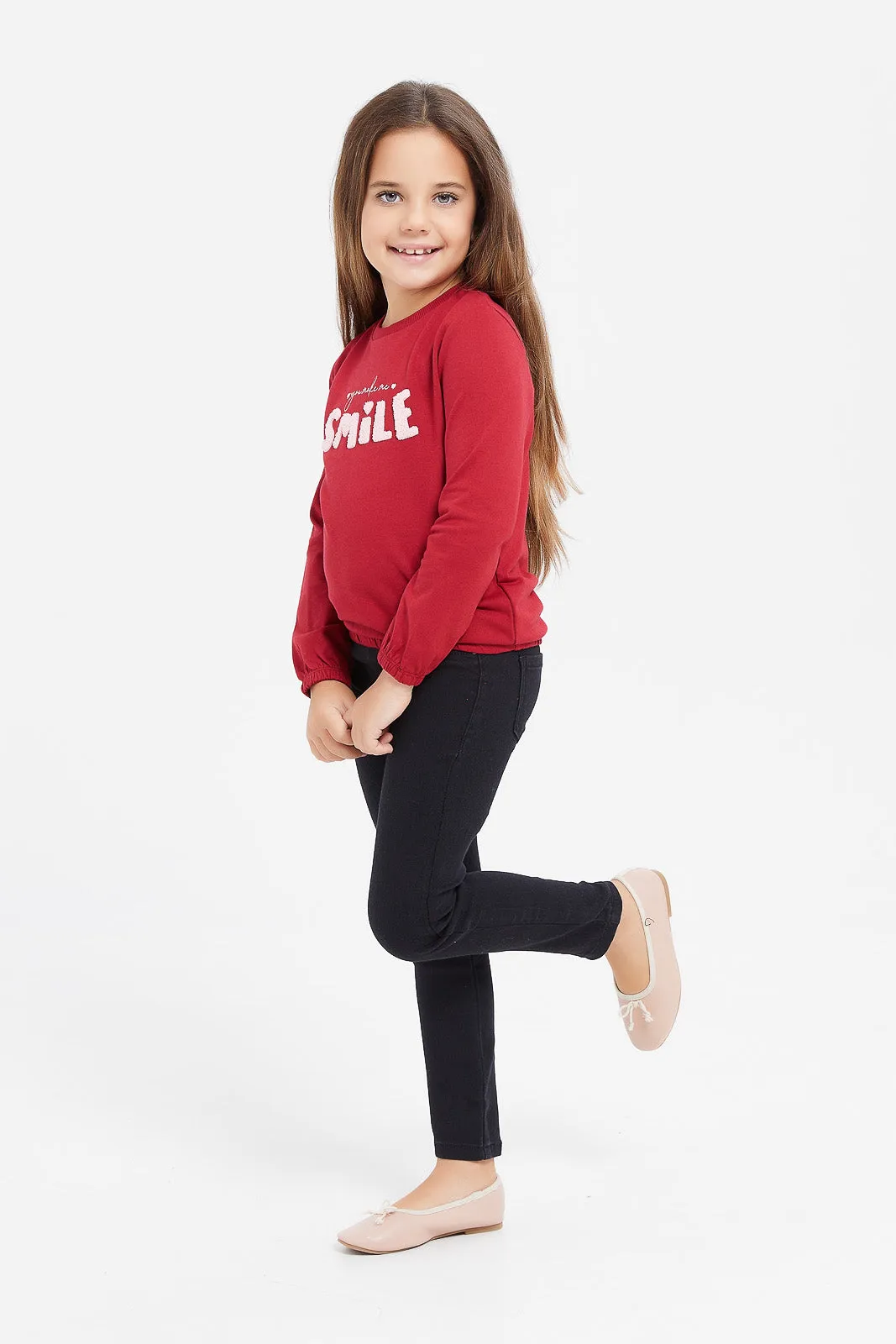 Girls Red Embellished T-Shirt