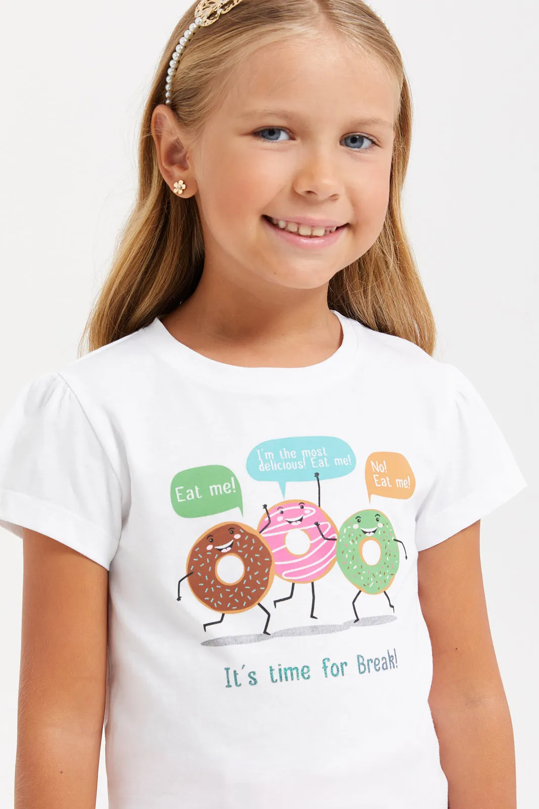 Girls White Printed T-Shirt