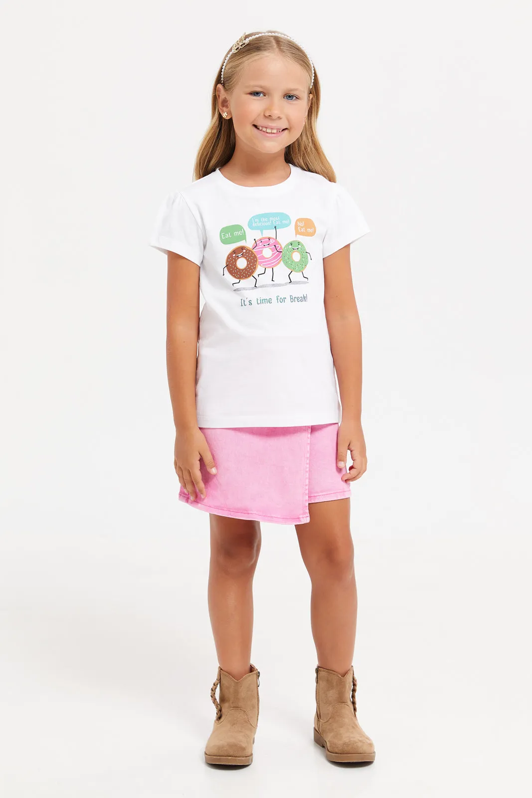 Girls White Printed T-Shirt