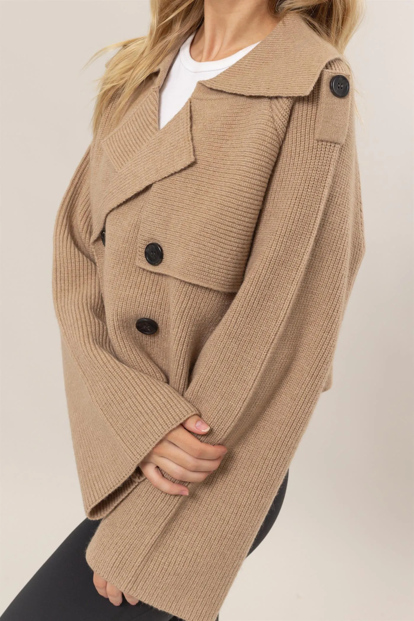 HF25A023-Double Breast Sweater Trench Jacket