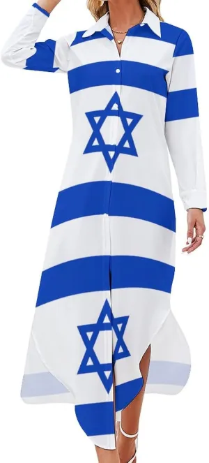 Israel Flag Israeli Star Women's Button Down Maxi Shirt Dress Casual Long Sleeve Loose Shirt Dresses