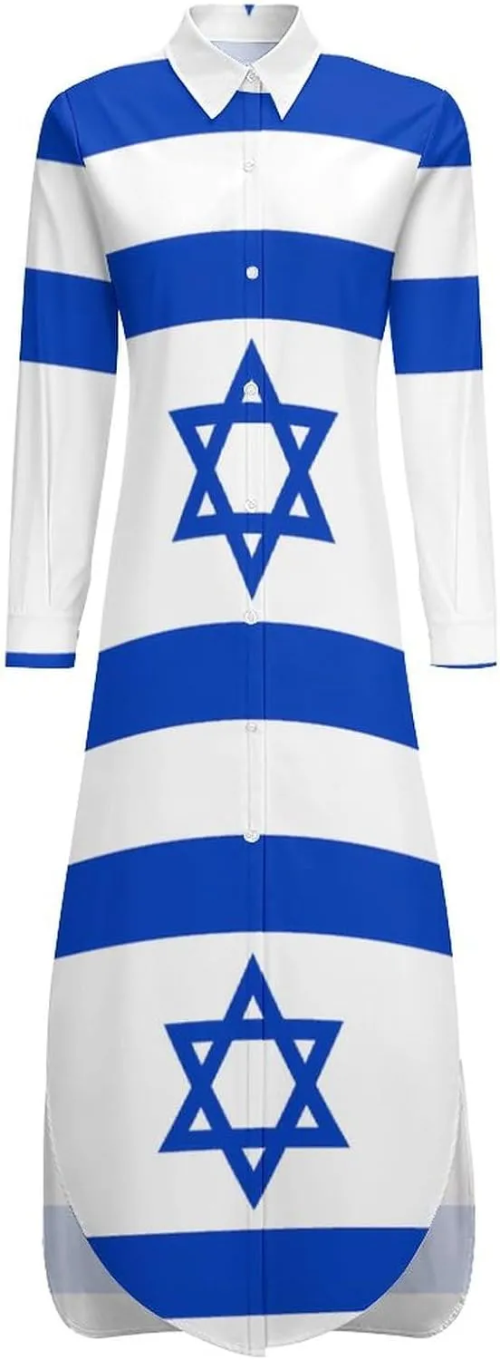 Israel Flag Israeli Star Women's Button Down Maxi Shirt Dress Casual Long Sleeve Loose Shirt Dresses