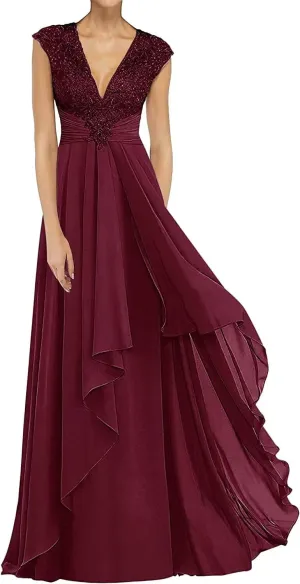 Lace Appliques Mother of The Bride Dresses Long Chiffon Prom Formal Dress V Neck Formal Evening Wedding Party Gown