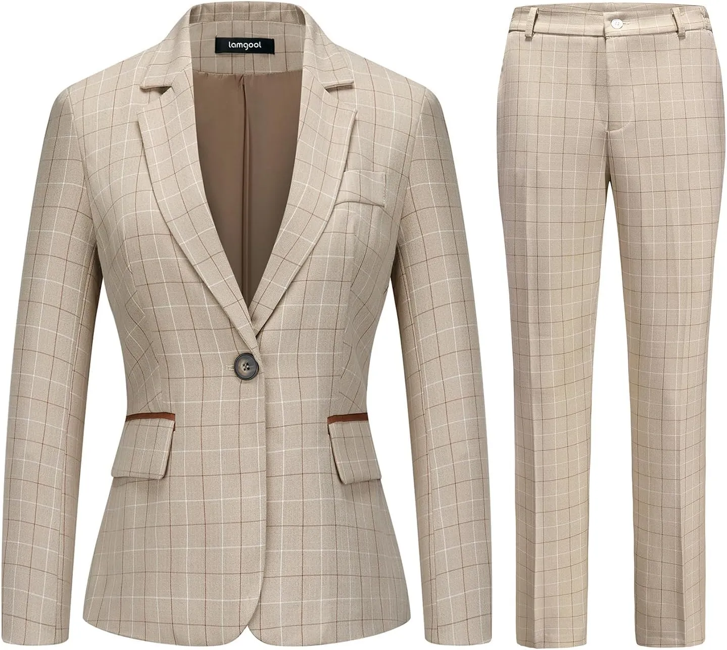 Lamgool Women's 2 Piece Plaid Suit Lady's Business One Button Lined Blazer Jacket Pant Set