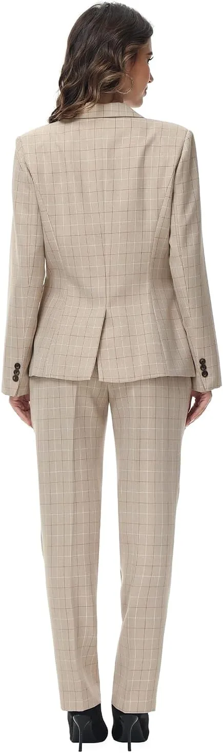 Lamgool Women's 2 Piece Plaid Suit Lady's Business One Button Lined Blazer Jacket Pant Set