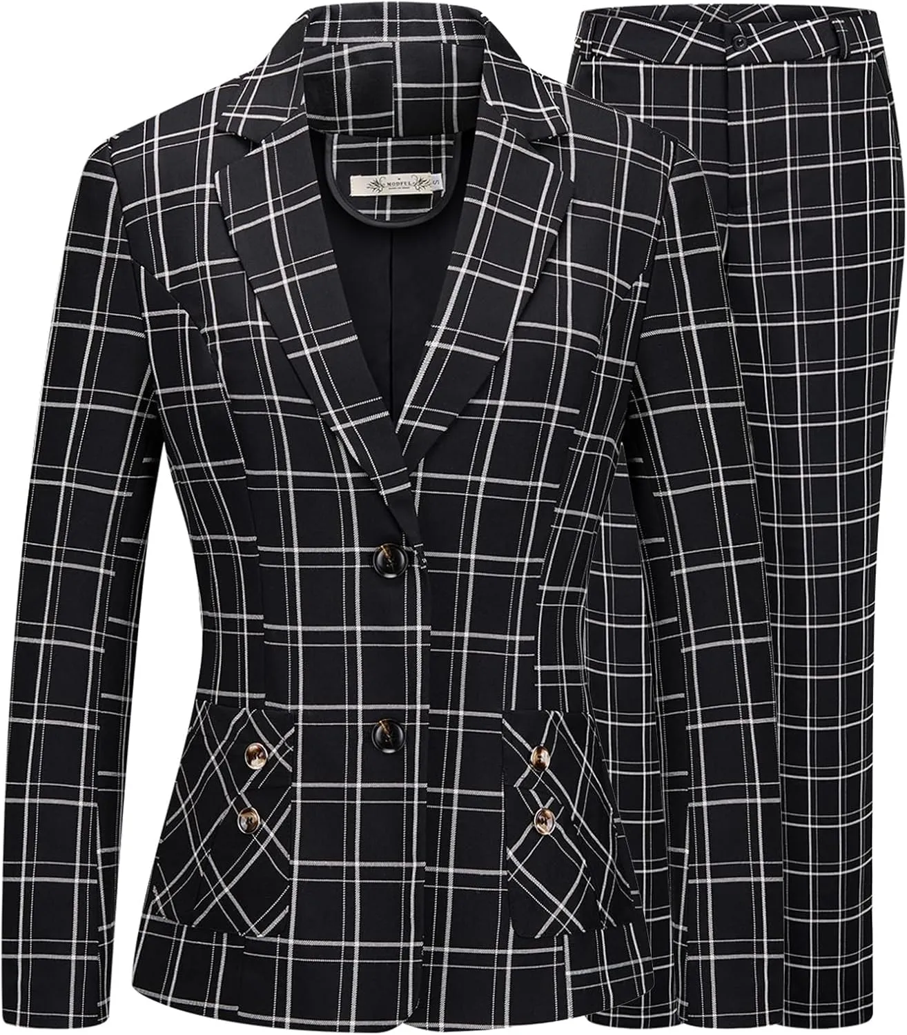 Lamgool Women's 2 Piece Plaid Suit Lady's Business One Button Lined Blazer Jacket Pant Set