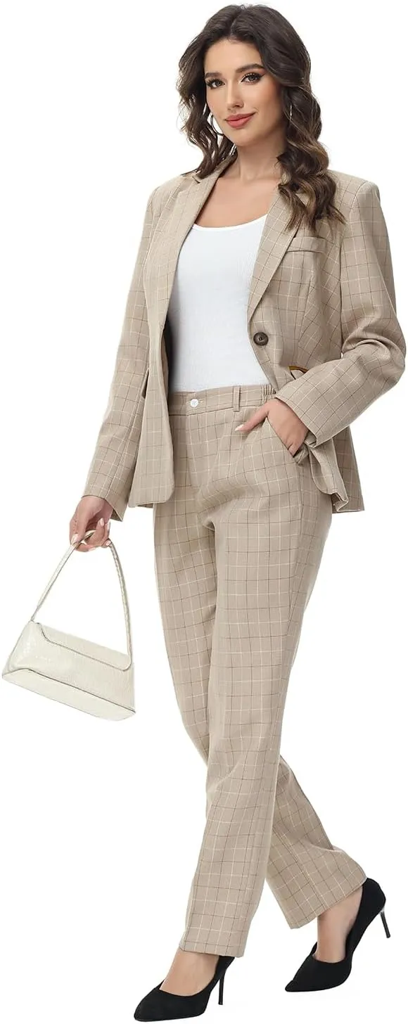 Lamgool Women's 2 Piece Plaid Suit Lady's Business One Button Lined Blazer Jacket Pant Set