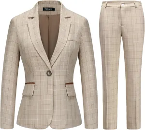 Lamgool Women's 2 Piece Plaid Suit Lady's Business One Button Lined Blazer Jacket Pant Set