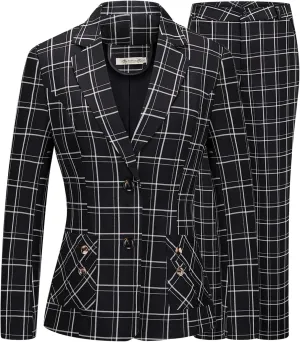 Lamgool Women's 2 Piece Plaid Suit Lady's Business One Button Lined Blazer Jacket Pant Set