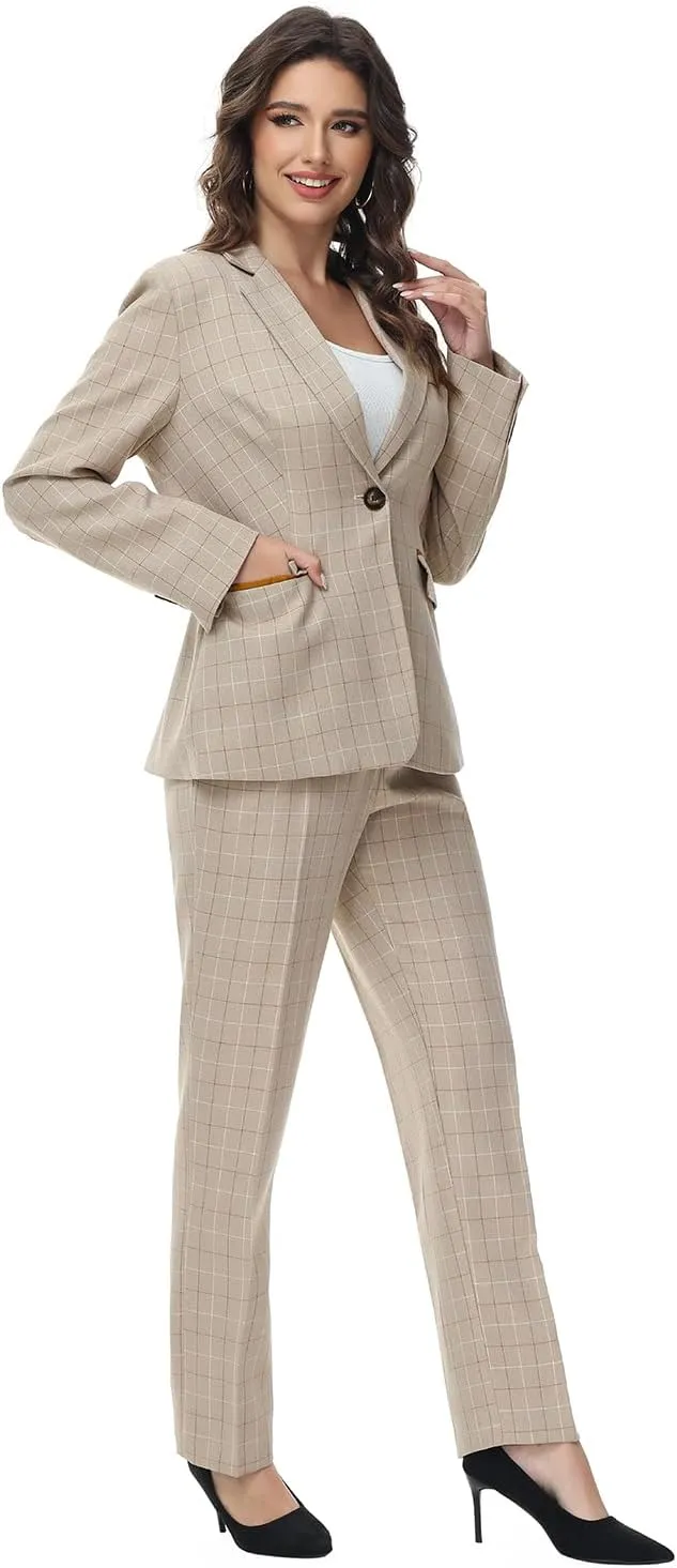 Lamgool Women's 2 Piece Plaid Suit Lady's Business One Button Lined Blazer Jacket Pant Set