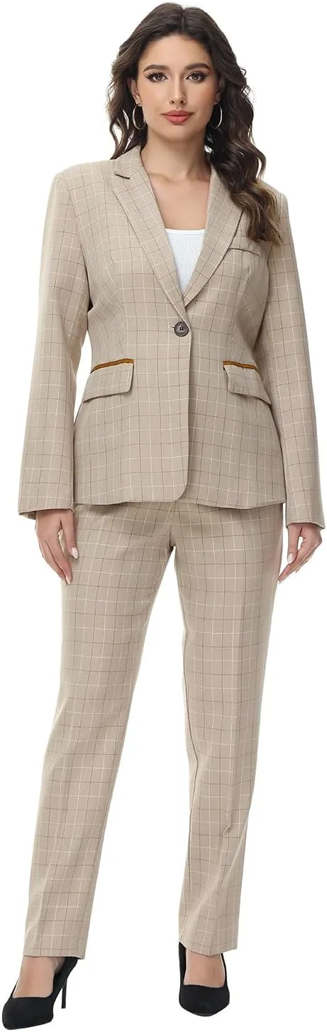 Lamgool Women's 2 Piece Plaid Suit Lady's Business One Button Lined Blazer Jacket Pant Set