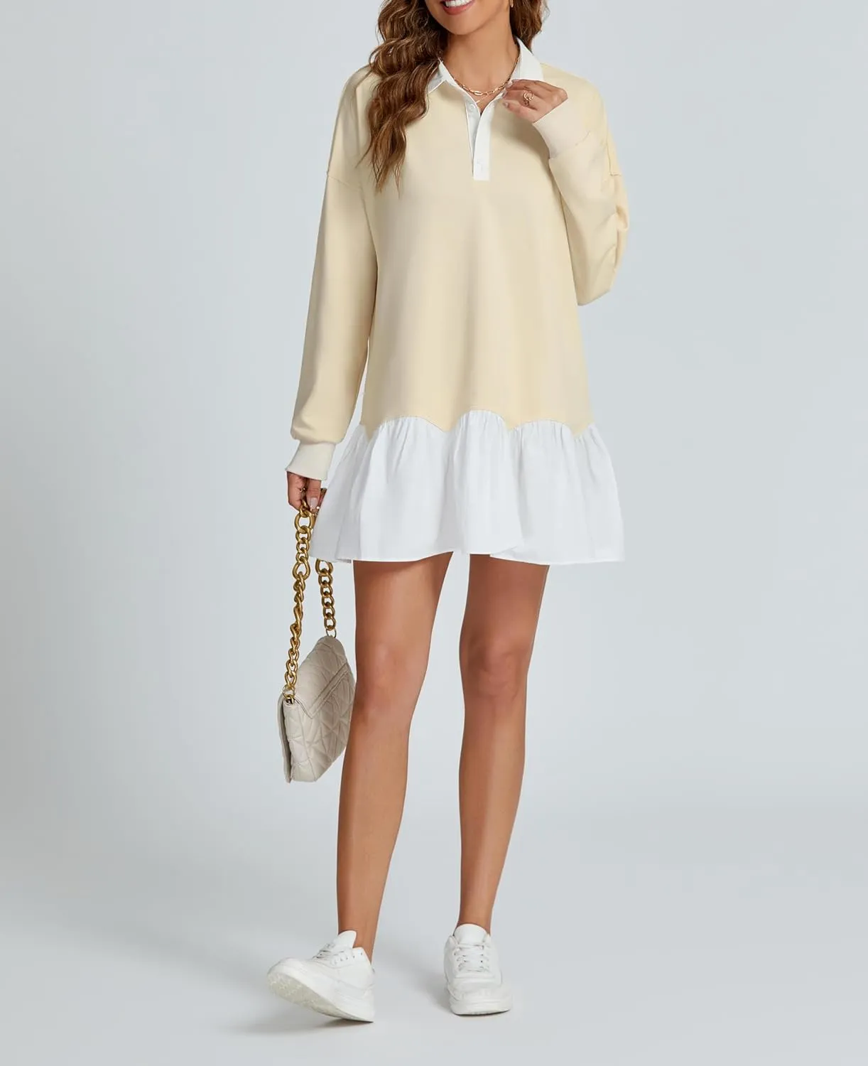 LifeShe Women's Oversized Sweatshirt Dress Long Sleeve Polo V Neck Patchwork Mini Dresses
