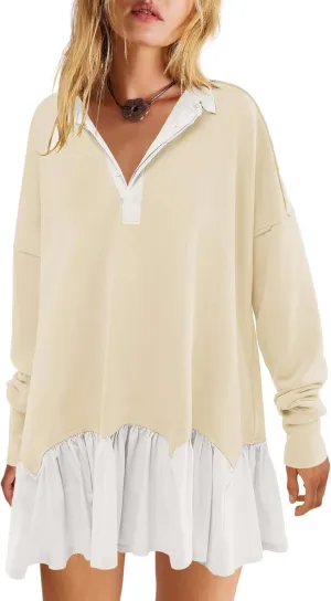 LifeShe Women's Oversized Sweatshirt Dress Long Sleeve Polo V Neck Patchwork Mini Dresses
