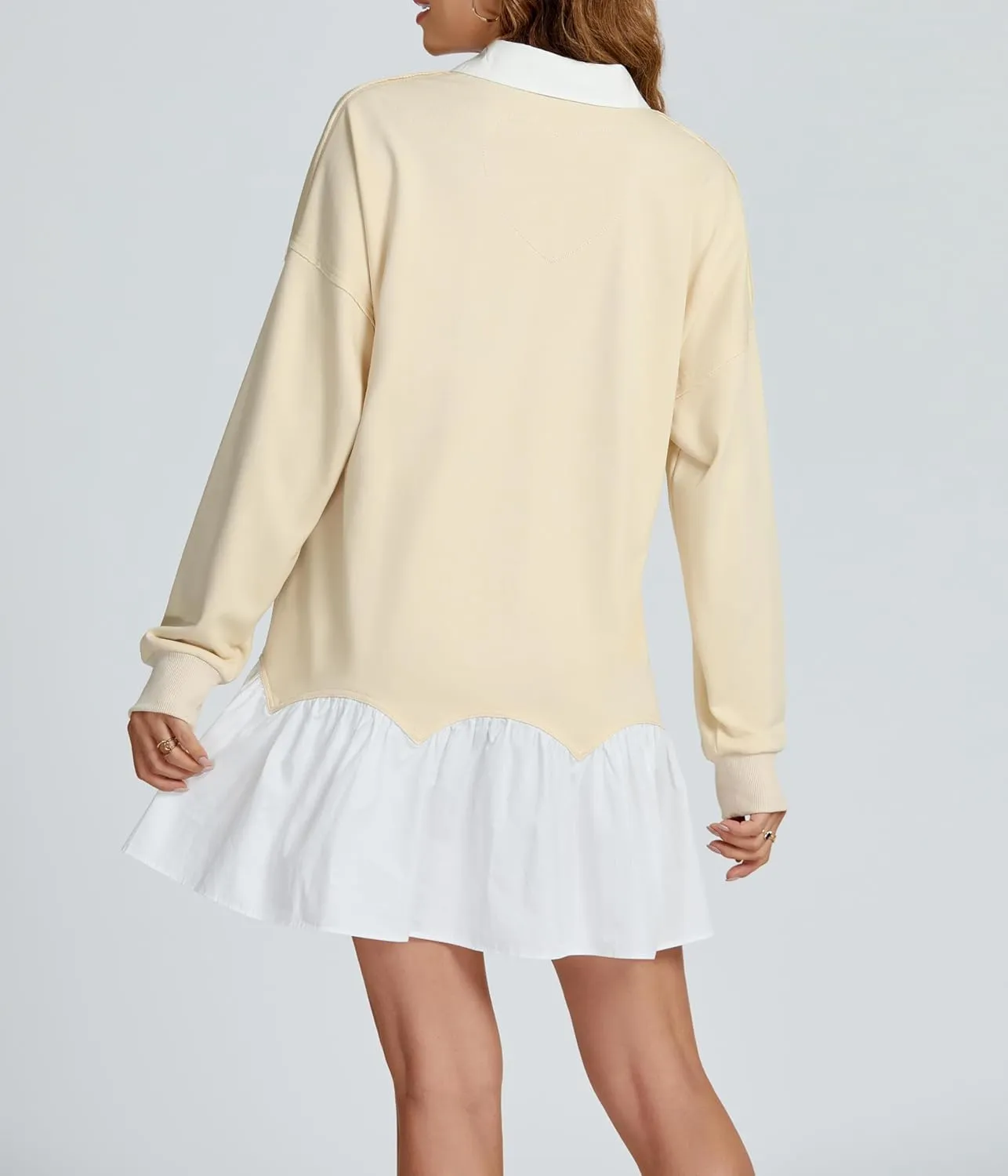 LifeShe Women's Oversized Sweatshirt Dress Long Sleeve Polo V Neck Patchwork Mini Dresses