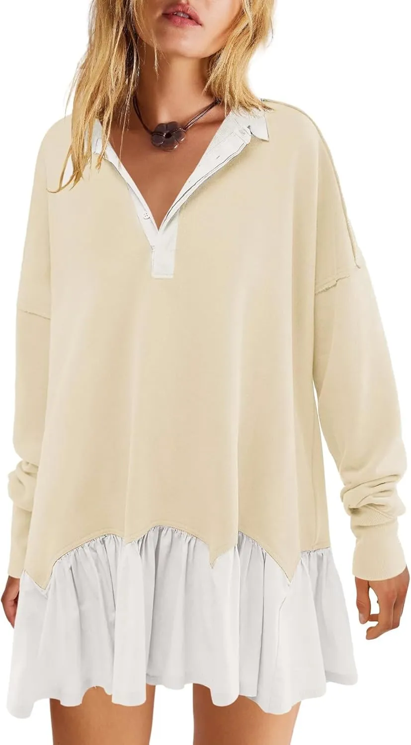 LifeShe Women's Oversized Sweatshirt Dress Long Sleeve Polo V Neck Patchwork Mini Dresses