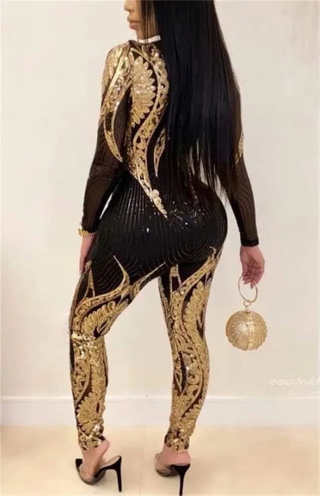 LKOUS Sparkly Jumpsuits for Women Elegant Sexy Long Sleeve Sequin Pants Bodycon Rompers Bodysuit Clubwear Plus Size