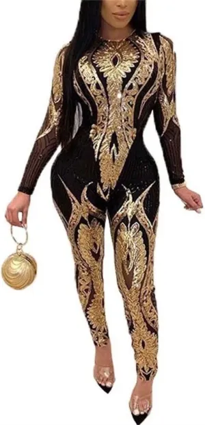 LKOUS Sparkly Jumpsuits for Women Elegant Sexy Long Sleeve Sequin Pants Bodycon Rompers Bodysuit Clubwear Plus Size