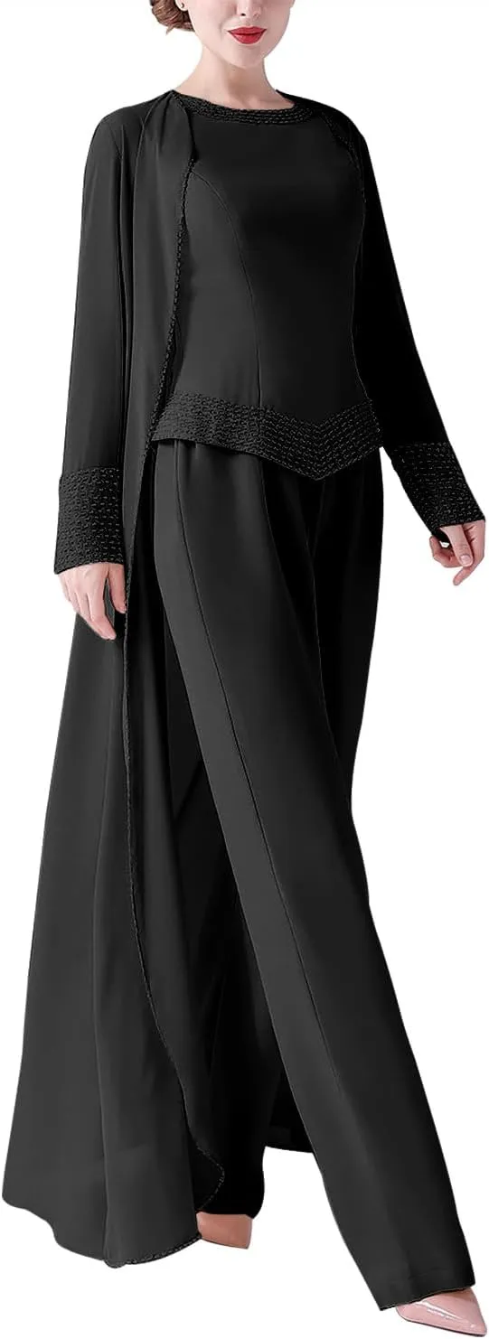 Long Coat 3 Pieces Mother of The Bride Pant Suits for Wedding Guest Groom Mother of The Bride Dresses
