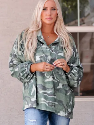 Long Sleeve Camouflage Print Drawstring Hoodies