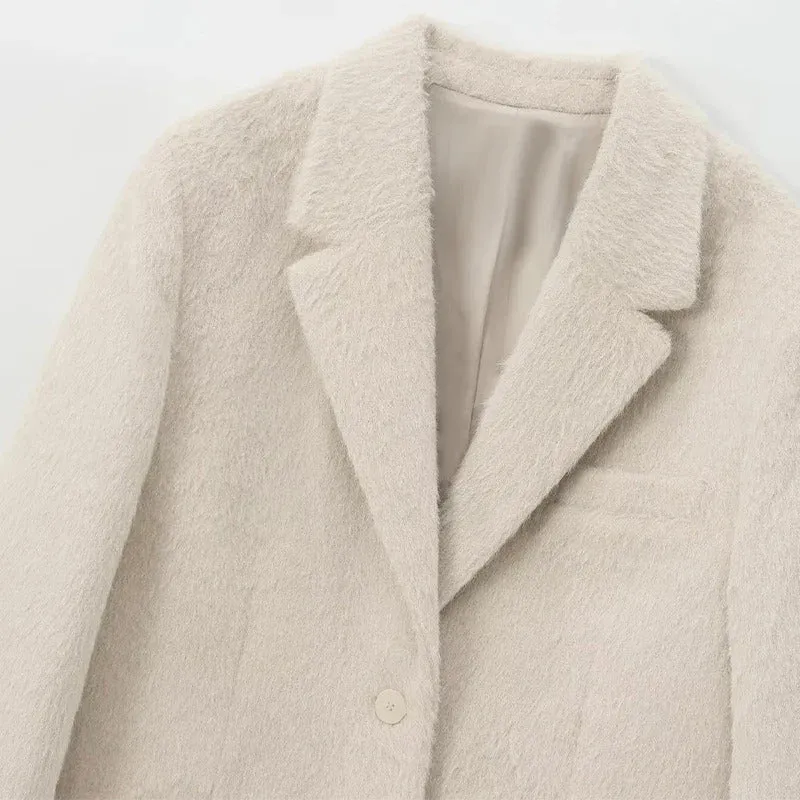 Loose Mohair Blazer Coats Women Chic Lapel Single-breasted Long Sleeve Suit Jackets 2024 Autumn winter Commute Outerwears Lady