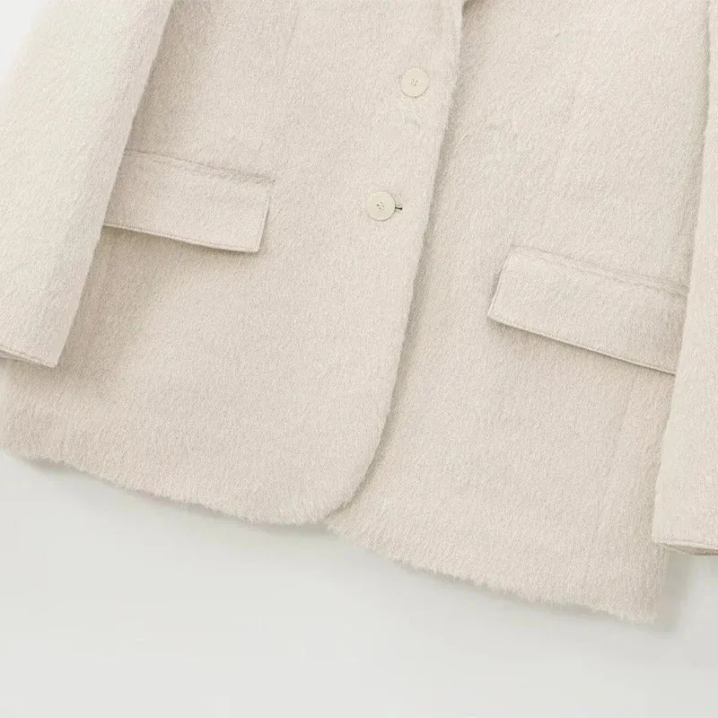 Loose Mohair Blazer Coats Women Chic Lapel Single-breasted Long Sleeve Suit Jackets 2024 Autumn winter Commute Outerwears Lady