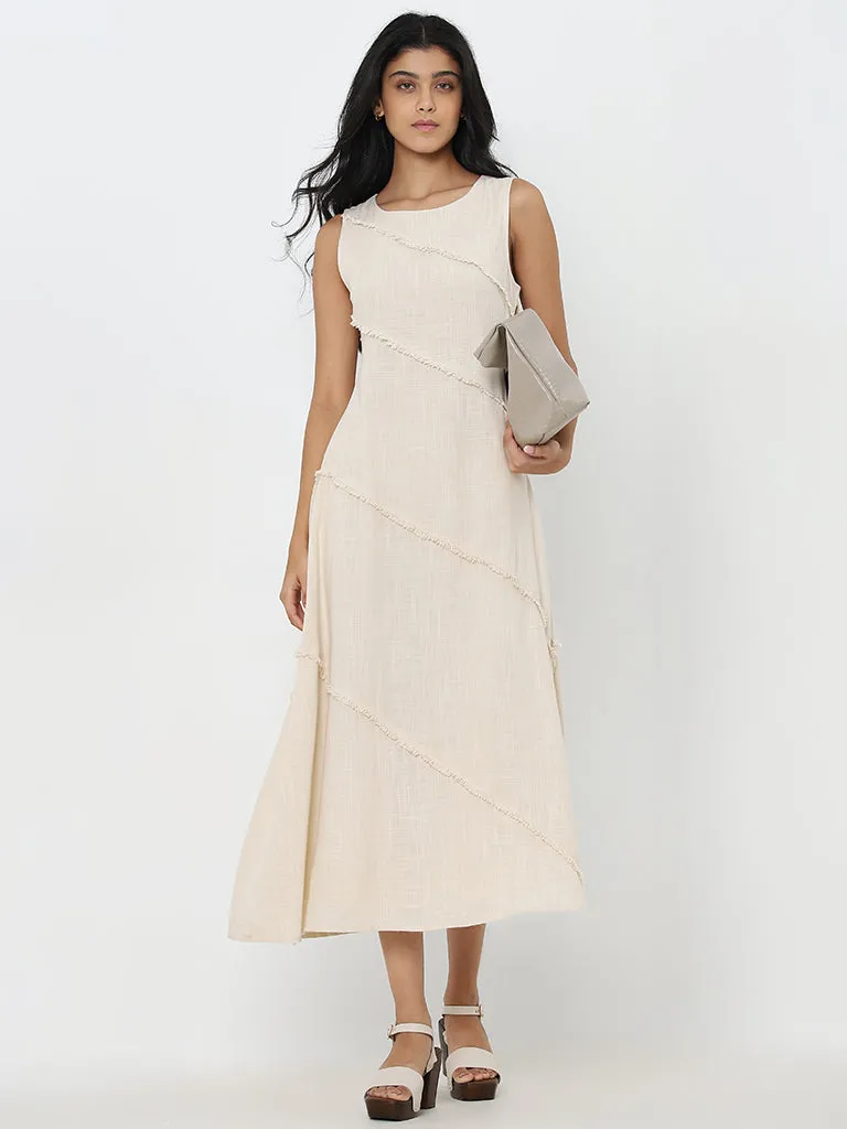 LOV Beige Sleeveless Linen-Blend A-Line Midi Dress