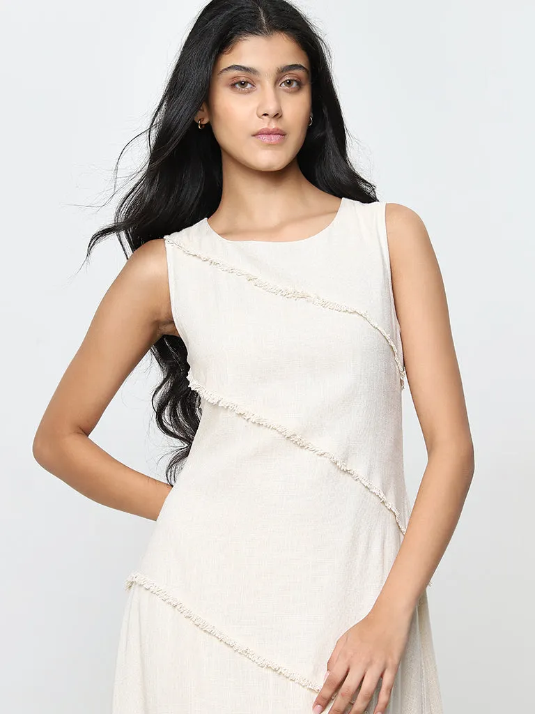 LOV Beige Sleeveless Linen-Blend A-Line Midi Dress