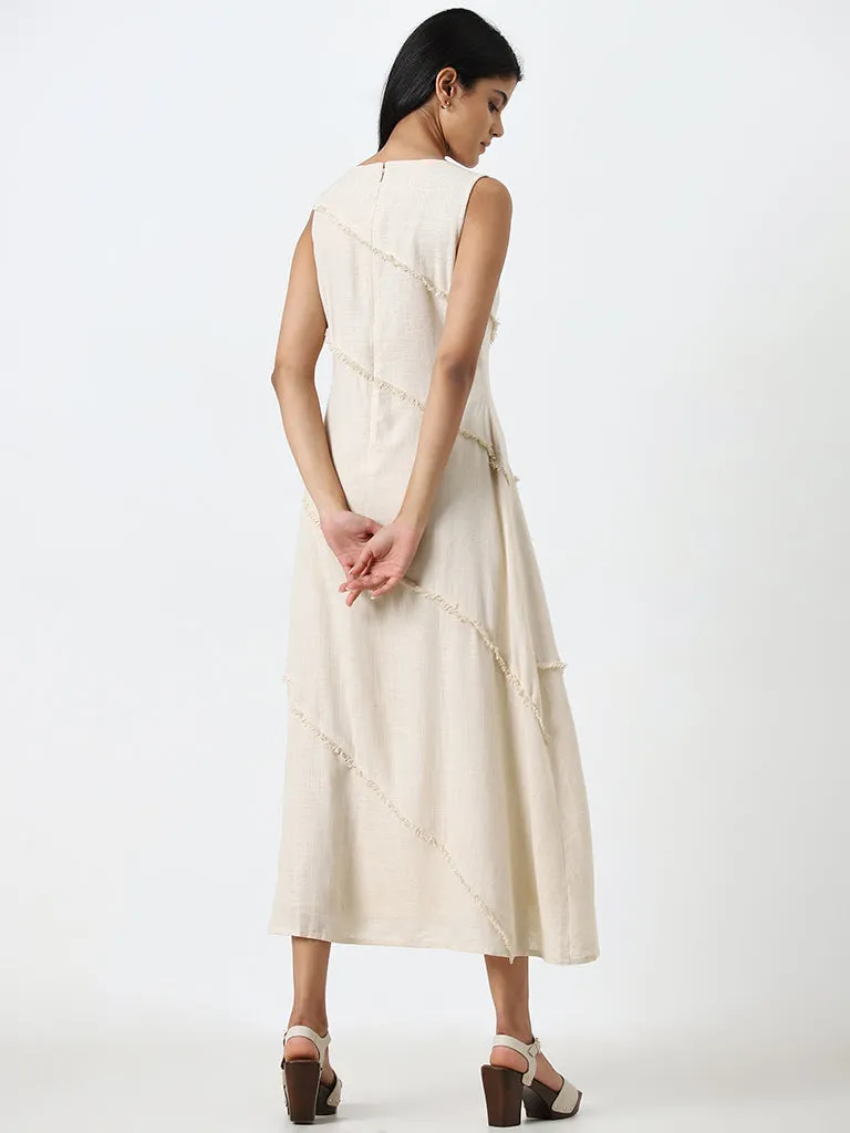 LOV Beige Sleeveless Linen-Blend A-Line Midi Dress
