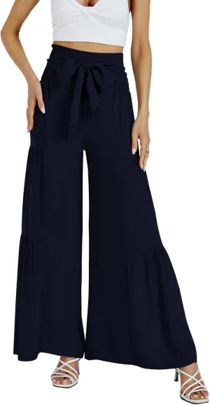 LYANER Women's Casual Tie Front Smocked High Waist Wide Leg Pleated Palazzo Lounge Pant