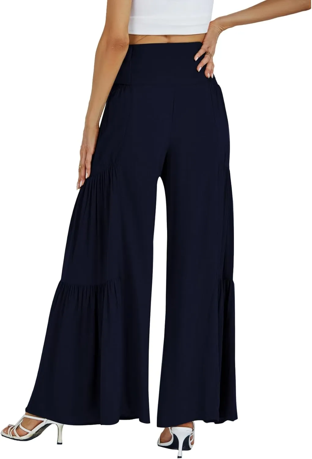 LYANER Women's Casual Tie Front Smocked High Waist Wide Leg Pleated Palazzo Lounge Pant
