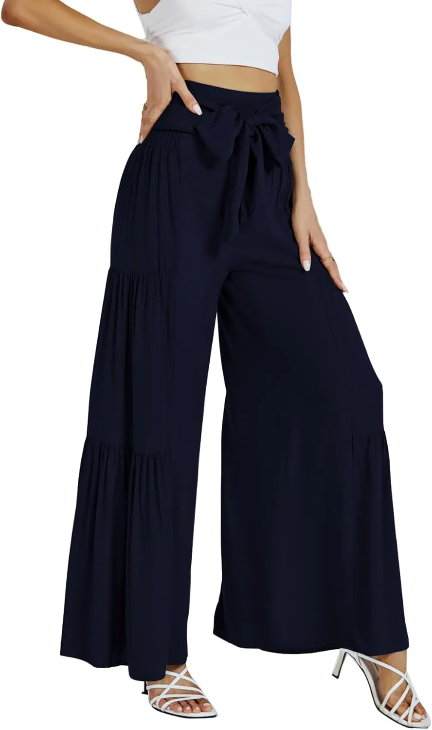 LYANER Women's Casual Tie Front Smocked High Waist Wide Leg Pleated Palazzo Lounge Pant
