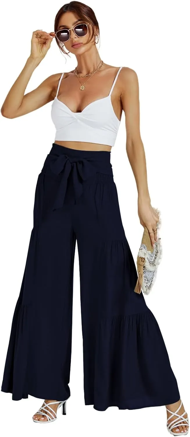 LYANER Women's Casual Tie Front Smocked High Waist Wide Leg Pleated Palazzo Lounge Pant