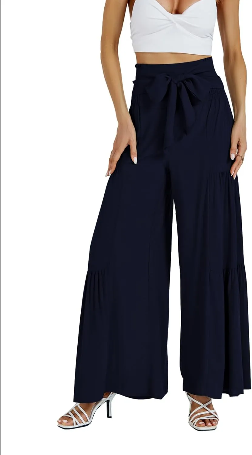 LYANER Women's Casual Tie Front Smocked High Waist Wide Leg Pleated Palazzo Lounge Pant
