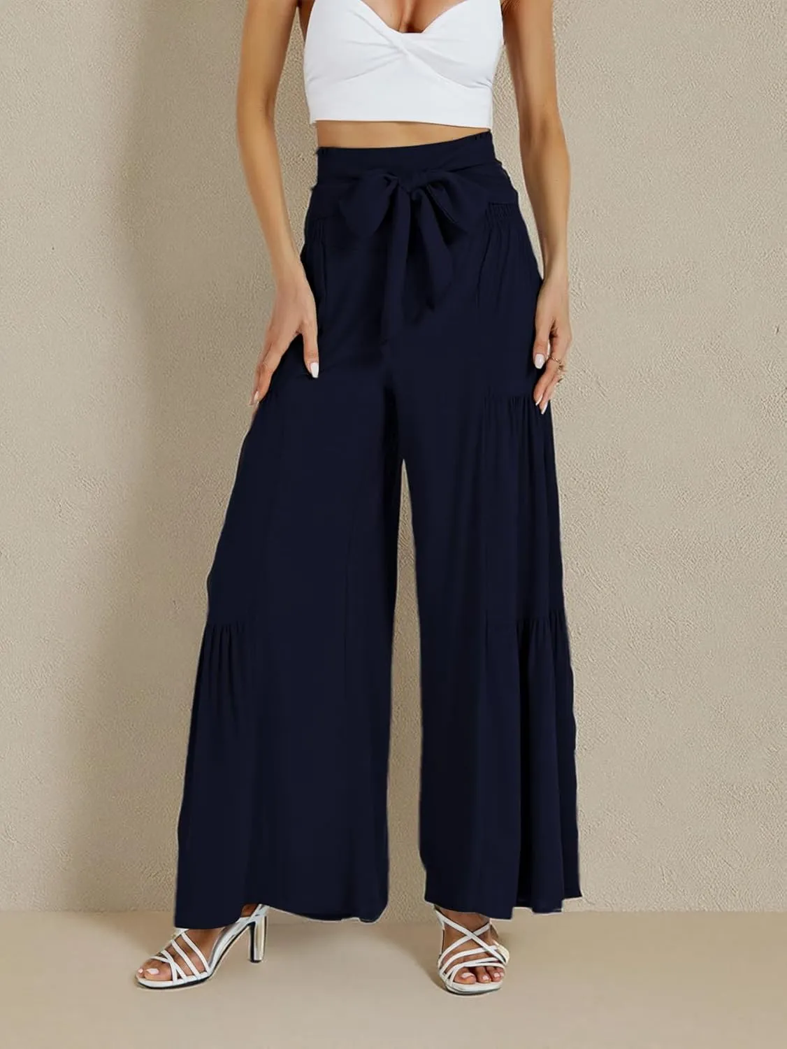 LYANER Women's Casual Tie Front Smocked High Waist Wide Leg Pleated Palazzo Lounge Pant