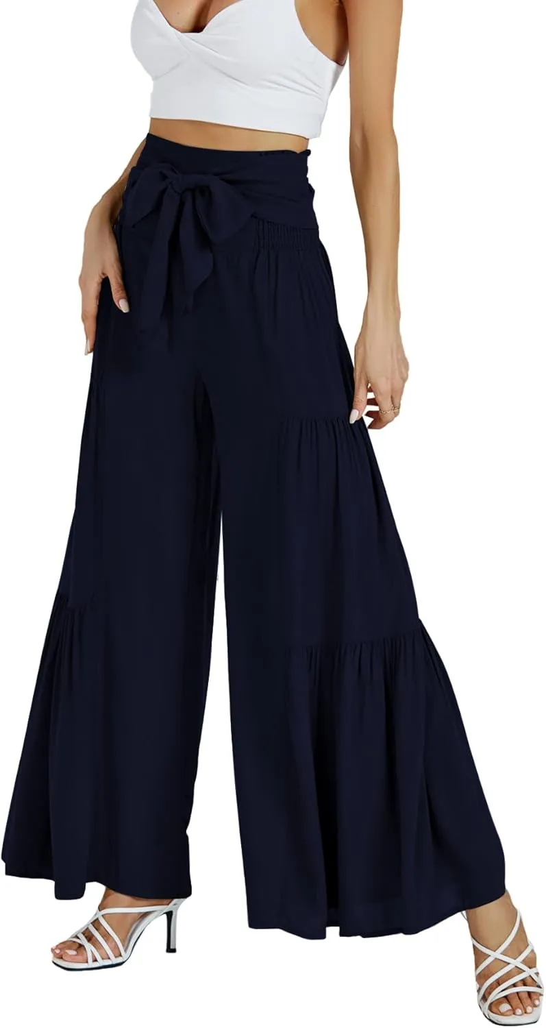 LYANER Women's Casual Tie Front Smocked High Waist Wide Leg Pleated Palazzo Lounge Pant