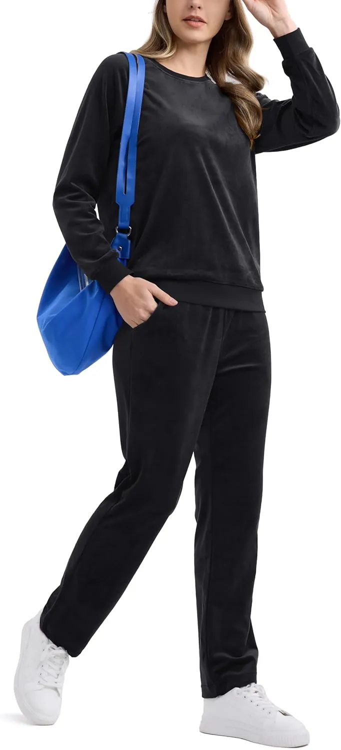 MAGCOMSEN Women's Velour Tracksuit 2 Piece Outfits Long Sleeve Sweatsuits Crewneck Pullover and Jogger Pants Lounge Sets