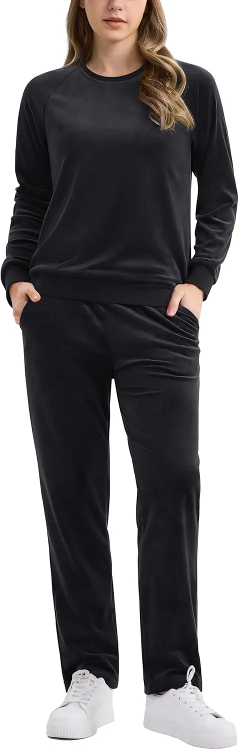 MAGCOMSEN Women's Velour Tracksuit 2 Piece Outfits Long Sleeve Sweatsuits Crewneck Pullover and Jogger Pants Lounge Sets