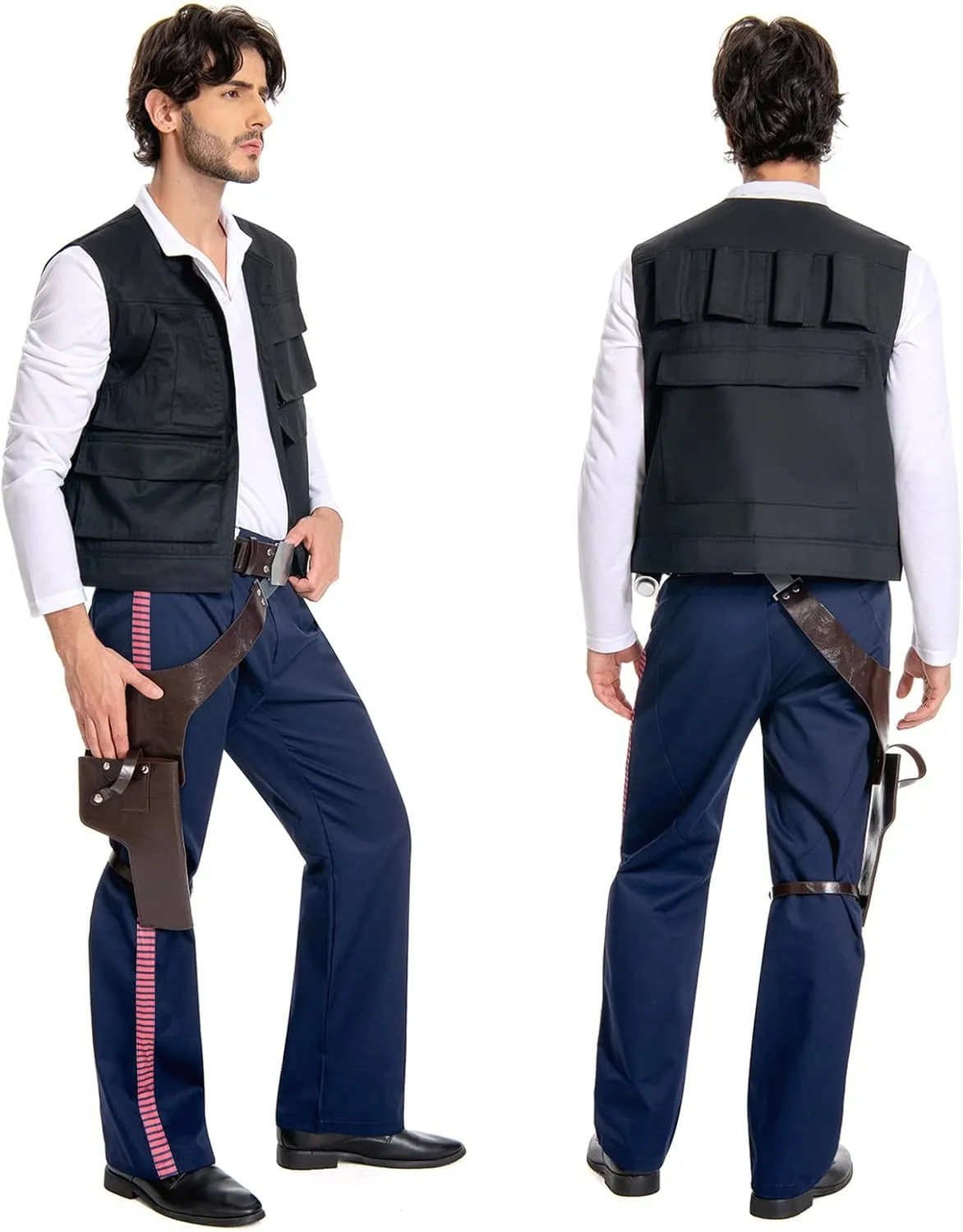 Men Space Adventure Cosplay Costume White Shirt Side Red Striped Pants Multi Pocket Vest Captain Outfit Full Set