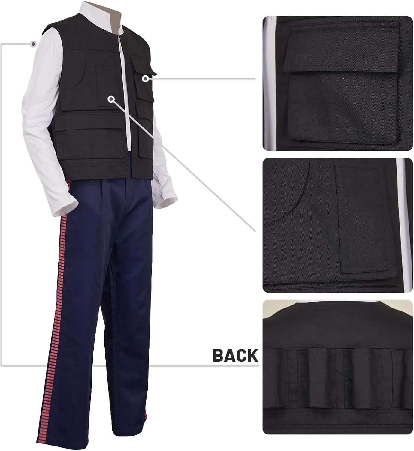 Men Space Adventure Cosplay Costume White Shirt Side Red Striped Pants Multi Pocket Vest Captain Outfit Full Set