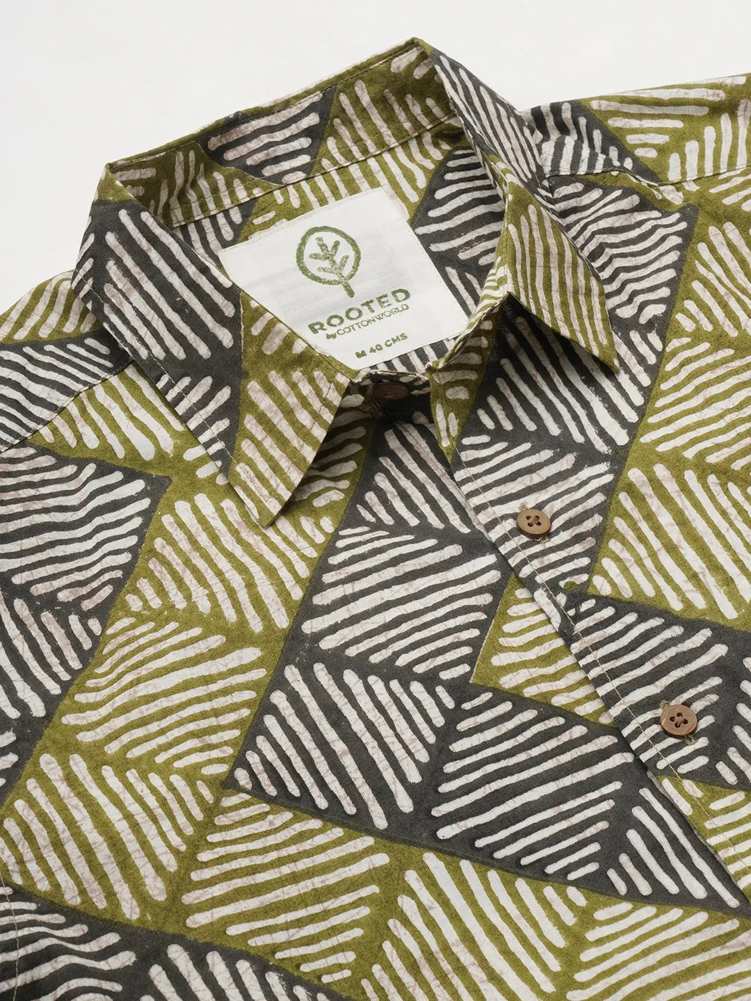 Men's Cotton Batik Printed Regular Fit Olive/Black Shirt