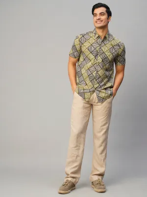 Men's Cotton Batik Printed Regular Fit Olive/Black Shirt