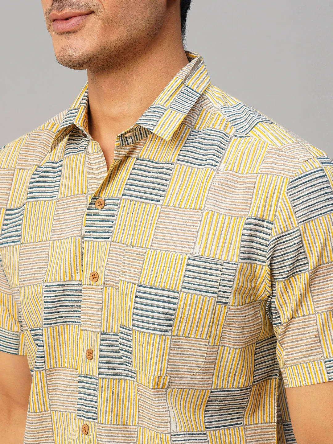 Men's Cotton Hand Block Printed Regular Fit Yellow Shirt
