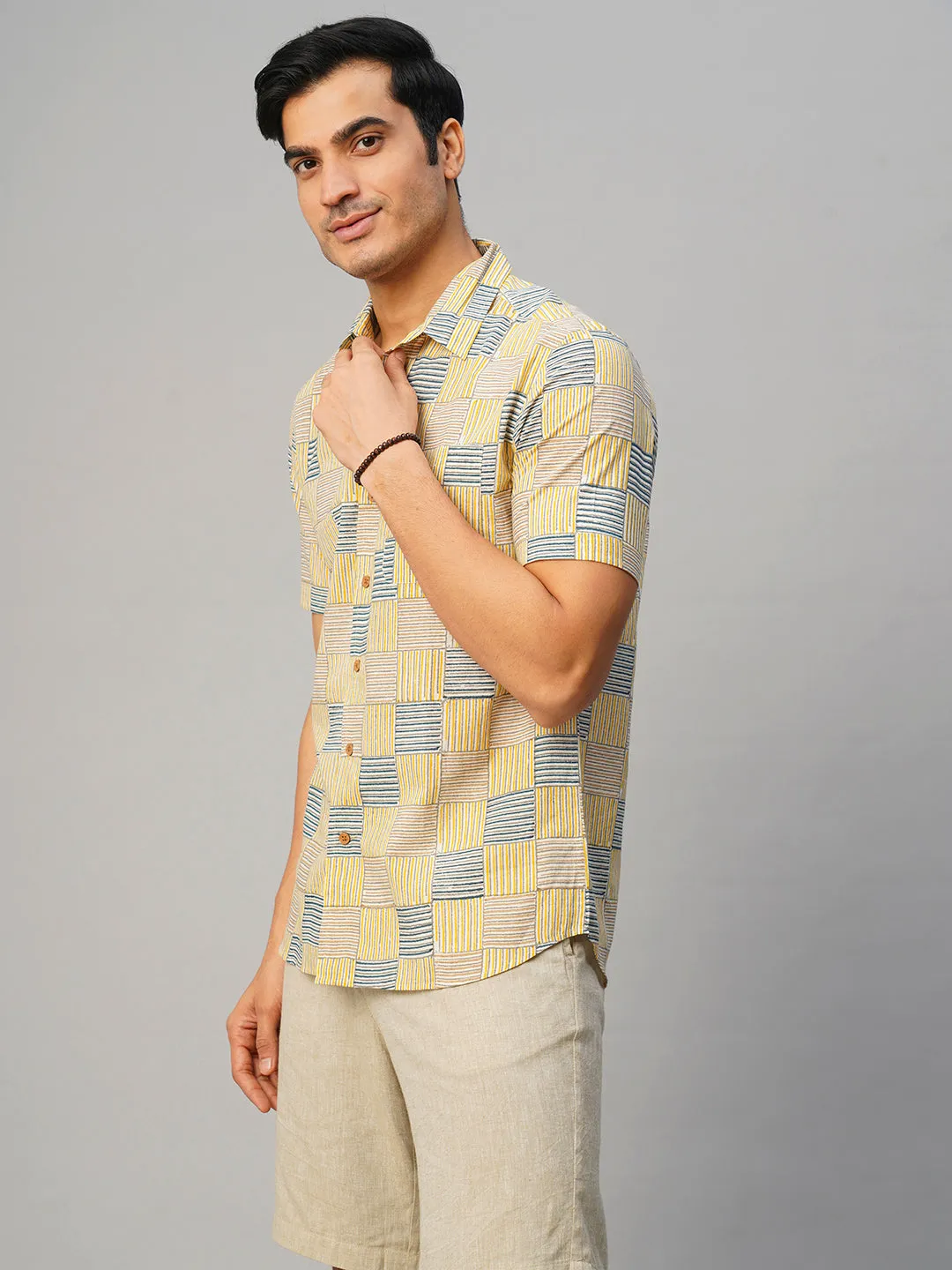 Men's Cotton Hand Block Printed Regular Fit Yellow Shirt