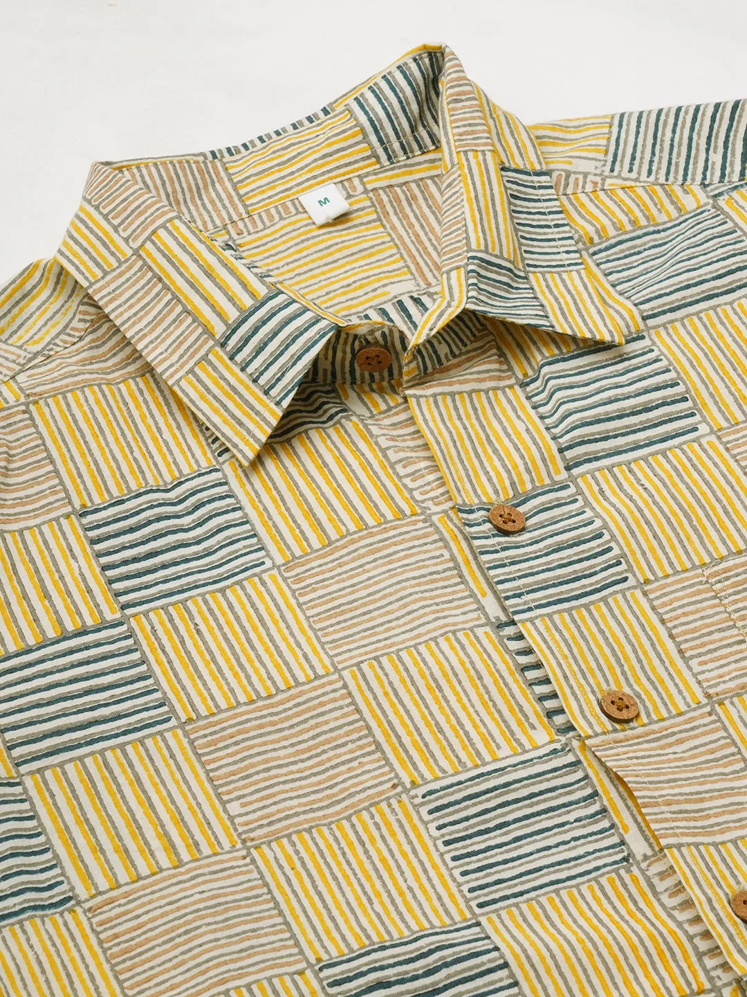 Men's Cotton Hand Block Printed Regular Fit Yellow Shirt