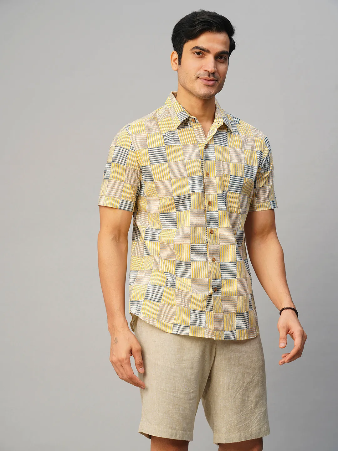 Men's Cotton Hand Block Printed Regular Fit Yellow Shirt