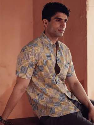Men's Cotton Hand Block Printed Regular Fit Yellow Shirt