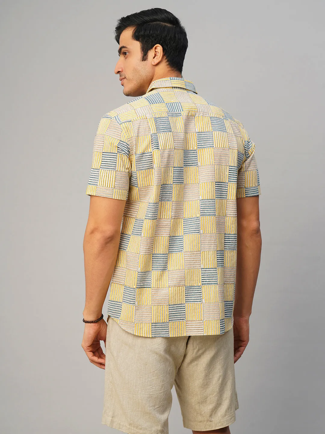 Men's Cotton Hand Block Printed Regular Fit Yellow Shirt