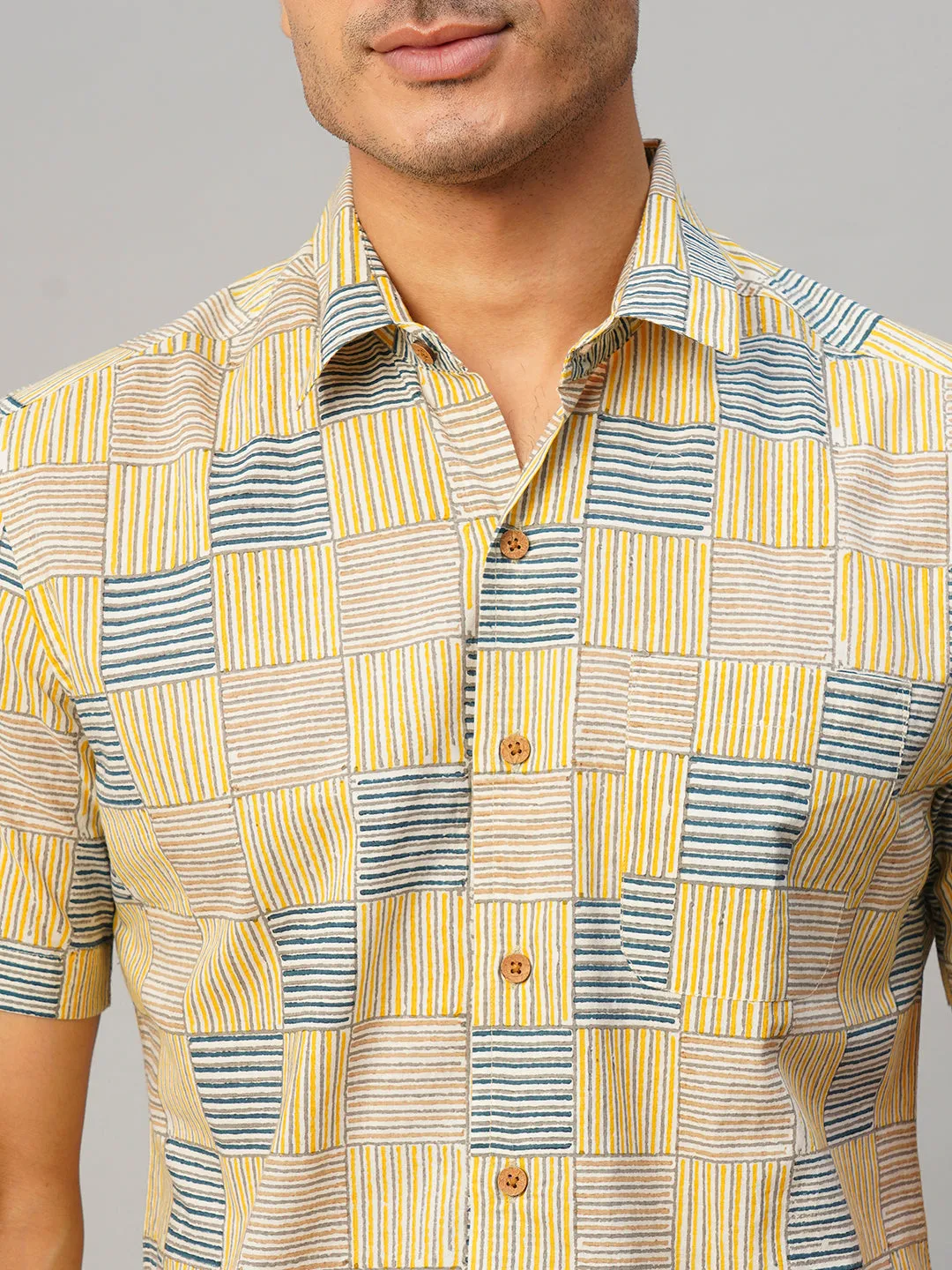 Men's Cotton Hand Block Printed Regular Fit Yellow Shirt